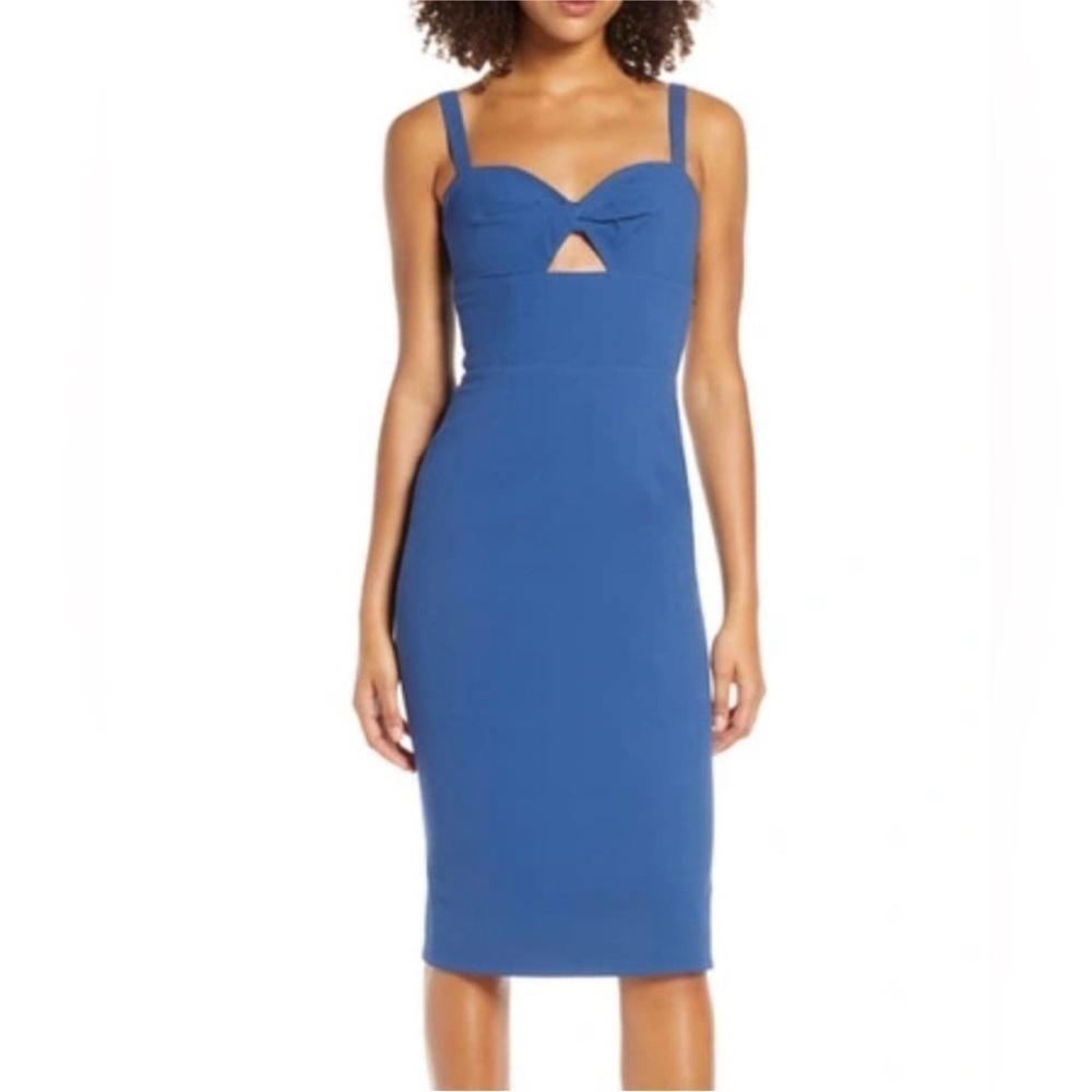 Dress The Population Eve Graphite Blue Sweetheart Twist Front Sleeveless Dress